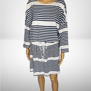 Margaritaville Navy and White Striped Long Sleeve Dress w Drawstring Size Medium
